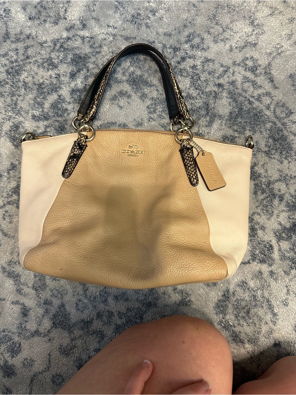 Coach Two-Tone Pebble Leather Satchel — Cream & Tan with Black Handles